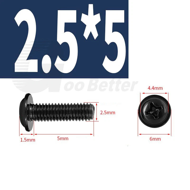 Black Zinc Flange Phillips Pan Head Machine Screws M1.4 M2 M2.5 M3 M4 M5 M6 — Washer-Free Metric Bolts