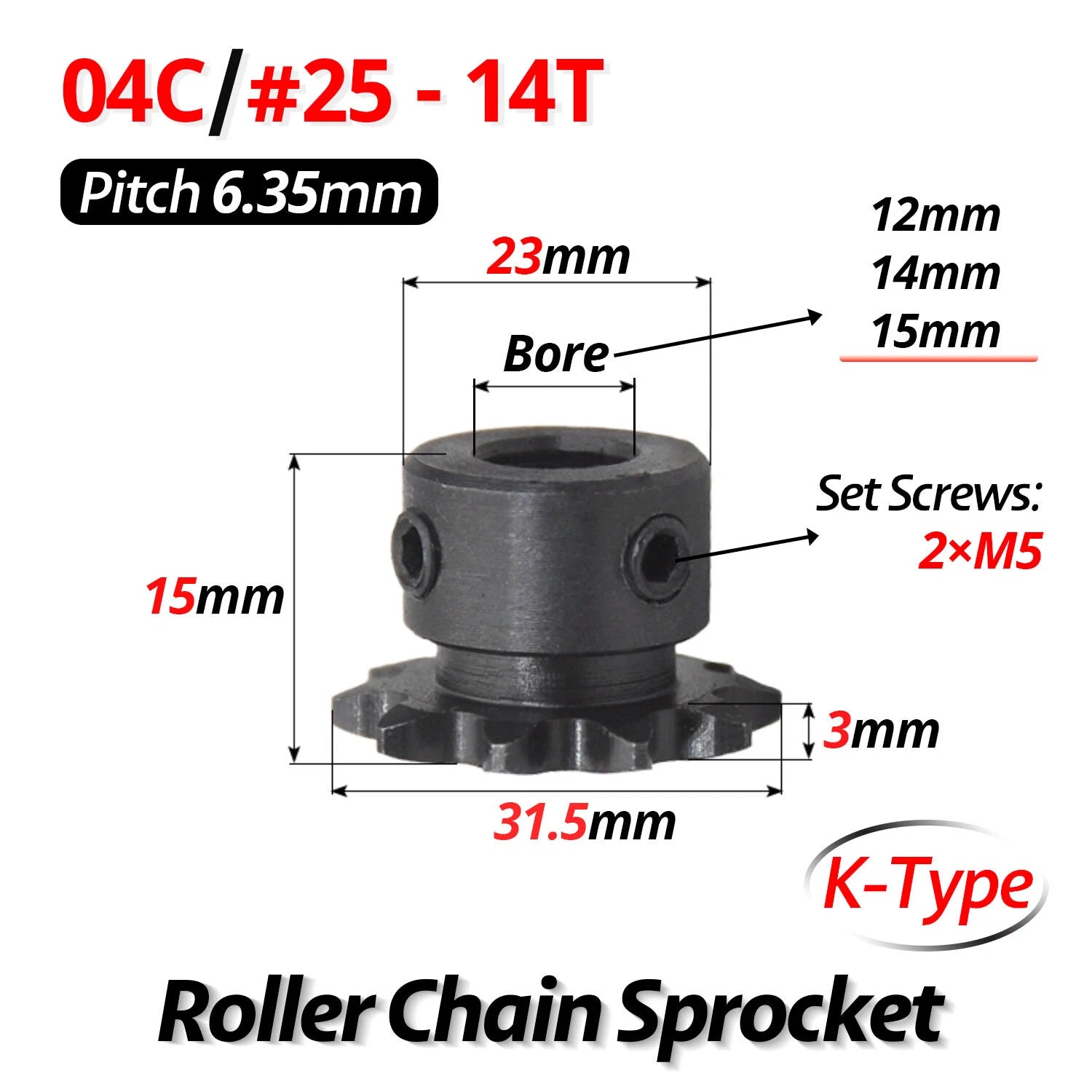 #25 Roller Chain Sprocket 04C 9T-40T Tooth Bore 5mm-20mm Pitch 6.35mm (1/4 inch)