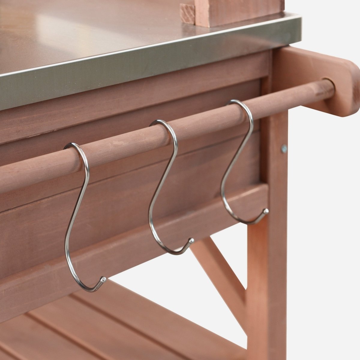 64.9"H Outdoor Potting Bench Table with Lockable Wheels, Solid Wood Outdoor Kitchen Island with Upper Hutch, Stainless Steel Top, Towel Rack ,Outdoor Storage for Grilling, Lawn Garden - Brown - HomeDIYer