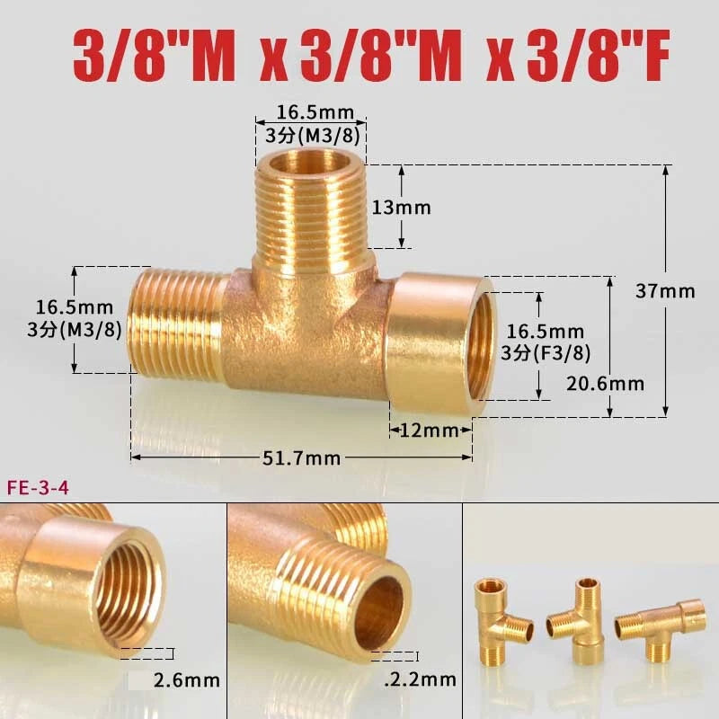 Brass BSP Tee Fitting 1/8" 1/4" 3/8" — Male Female Thread Pipe Connector