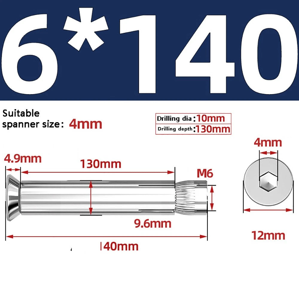M6–M12 Countersunk Hex Socket Expansion Bolts — 304 & 201 Stainless Steel, A-Type & B-Type