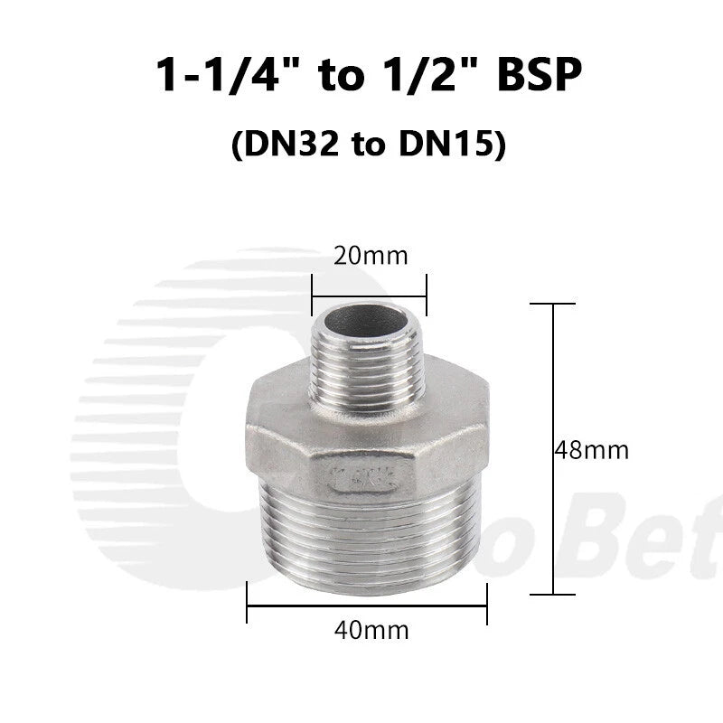 304 Stainless Steel Reducing Hex Nipple BSP Male Thread Pipe Fitting | 1/8" to 2"