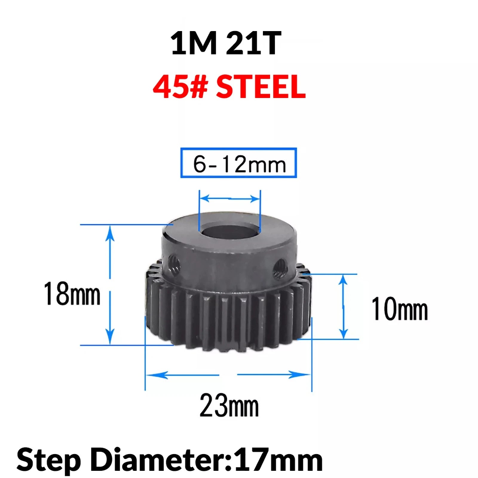 Mod 1 45# Steel Pinion Gear Spur Gears 10-60 T 14-50mm Bore With Step Motor Gear