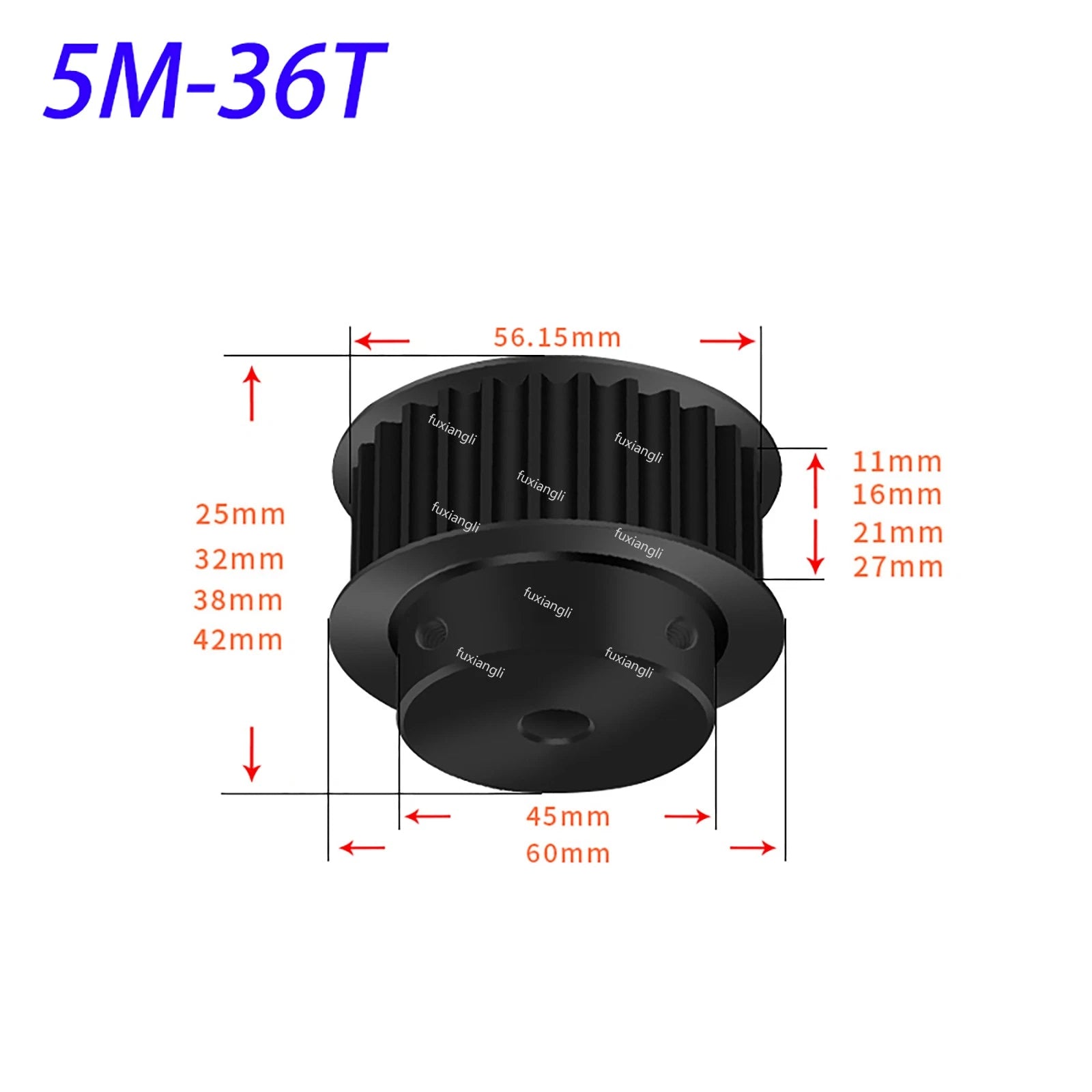 HTD-5M 15T-72T Timing Belt Pulleys Pitch 5mm Width 16mm BF With Keyway 45# Steel