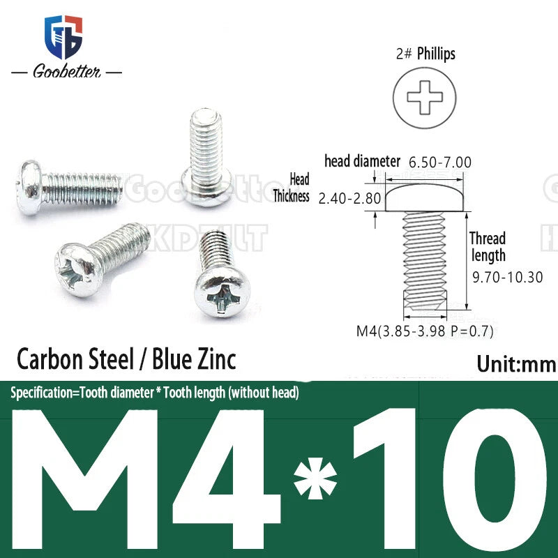 Pan Head Round Head Machine Screws Phillips Drive Bolts M3.5 M4 Carbon Steel