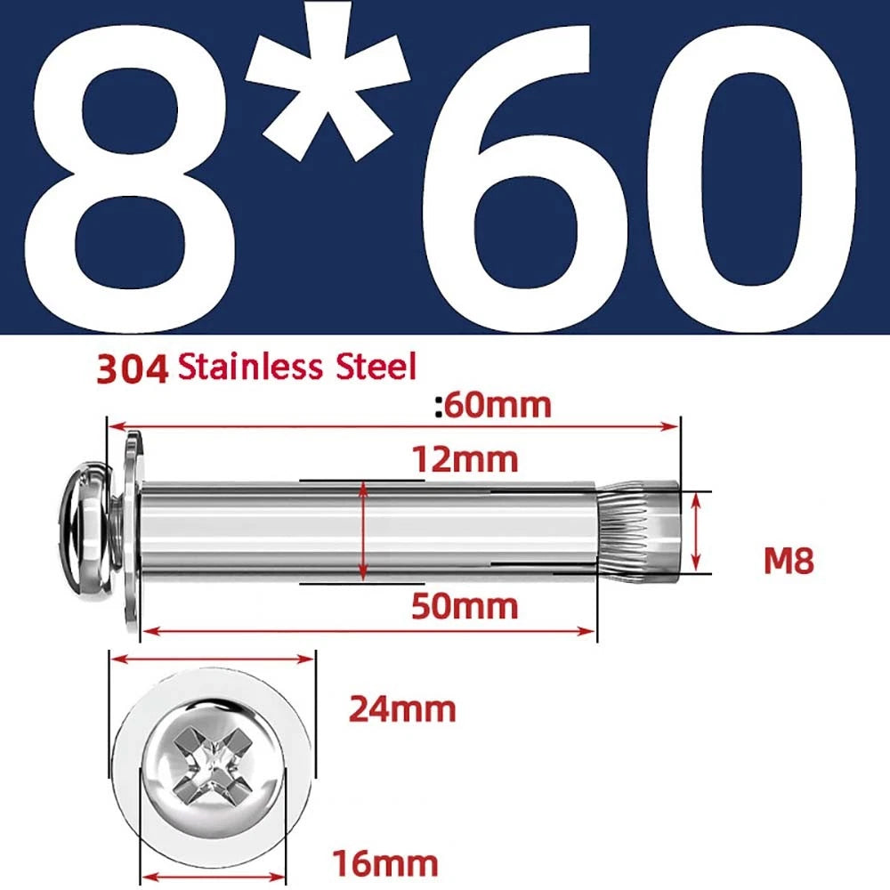 M6 M8 M10 Stainless Steel Expansion Screws — Round Head Phillips Drive, 40–100mm