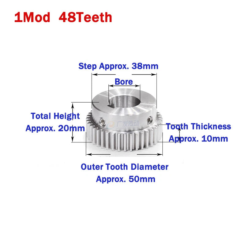 1 Module Stainless Steel Spur Gears 20-50 Teeth Pinion Motor Gear Keyway Hole