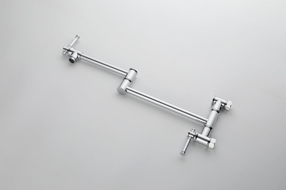 Wall Mounted Pot Filler Faucet – Chrome, Two-Attachment Folding Swing Arm, Dual Handle, Solid Brass