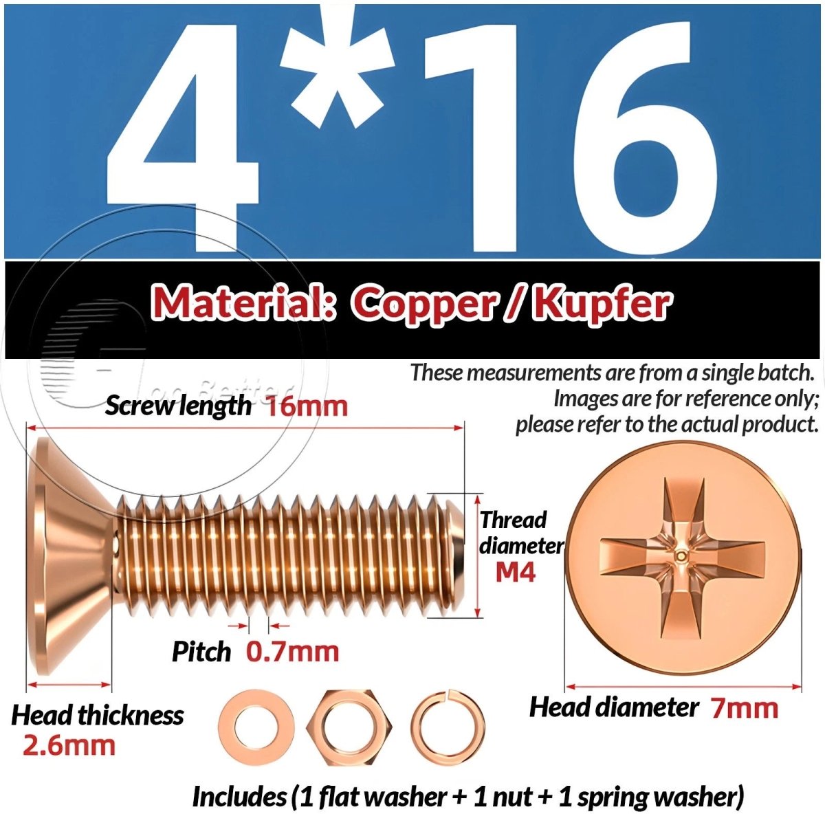 T2 Copper Pozi Countersunk Machine Screws with Flat Washer & Nut | M3–M10 - HomeDIYer
