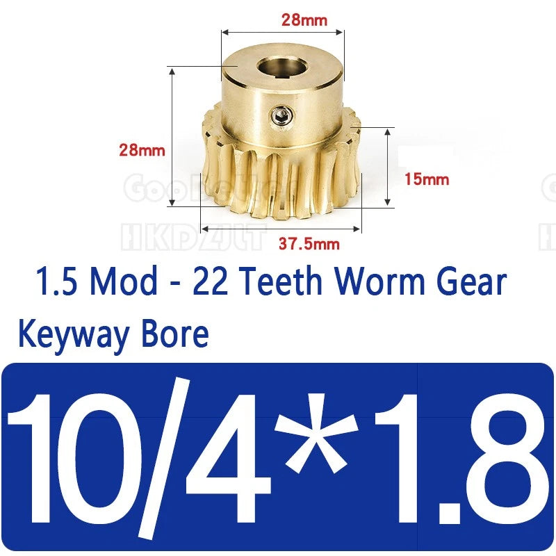Mod 1.5 Worm Gear Wheel Brass 22 Tooth Worm Shaft Steel C45 Bore 8 mm - 15 mm