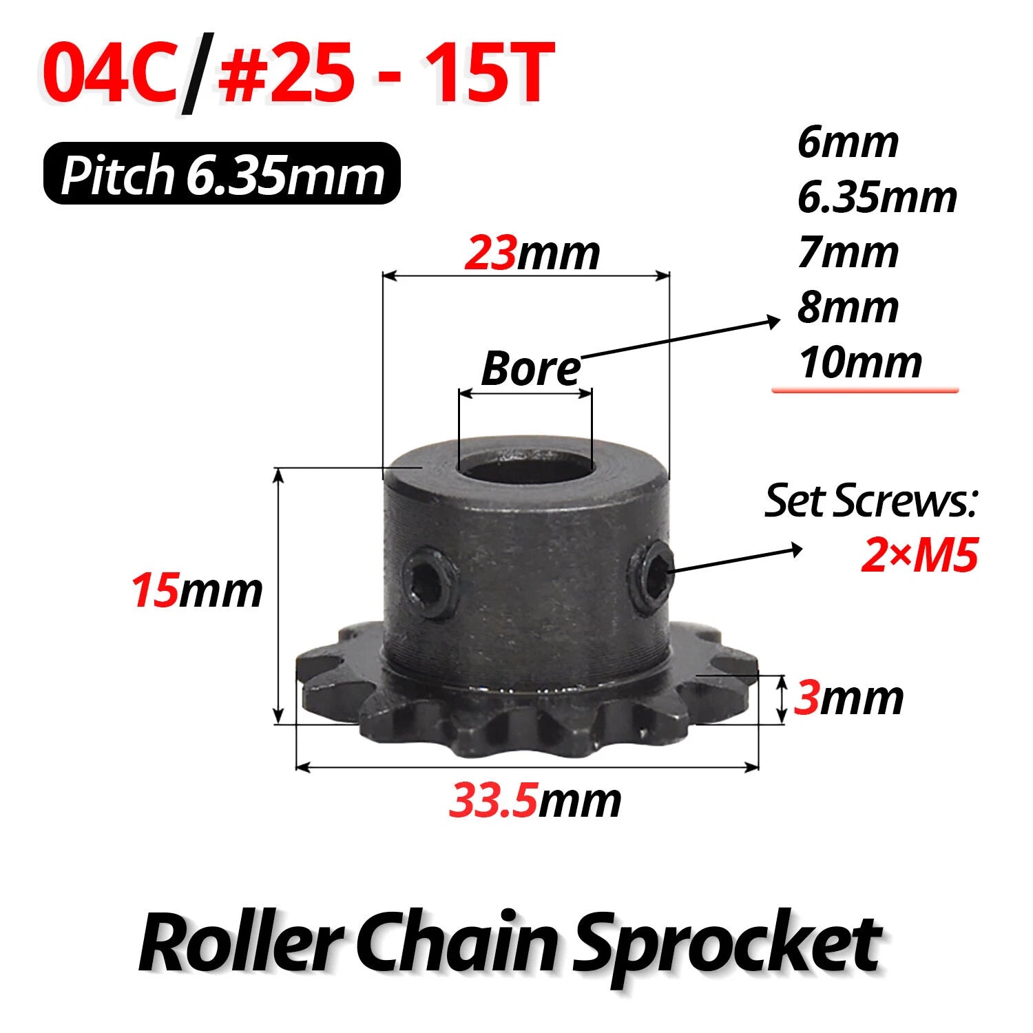 #25 Roller Chain Sprocket 04C 9T-40T Tooth Bore 5mm-20mm Pitch 6.35mm (1/4 inch)