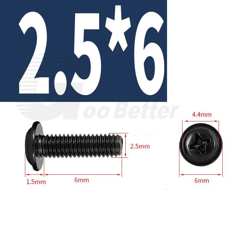 Black Zinc Flange Phillips Pan Head Machine Screws M1.4 M2 M2.5 M3 M4 M5 M6 — Washer-Free Metric Bolts