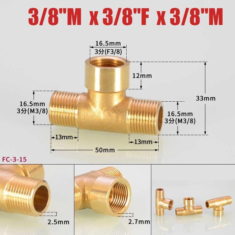 Brass BSP Tee Fitting 1/8" 1/4" 3/8" — Male Female Thread Pipe Connector