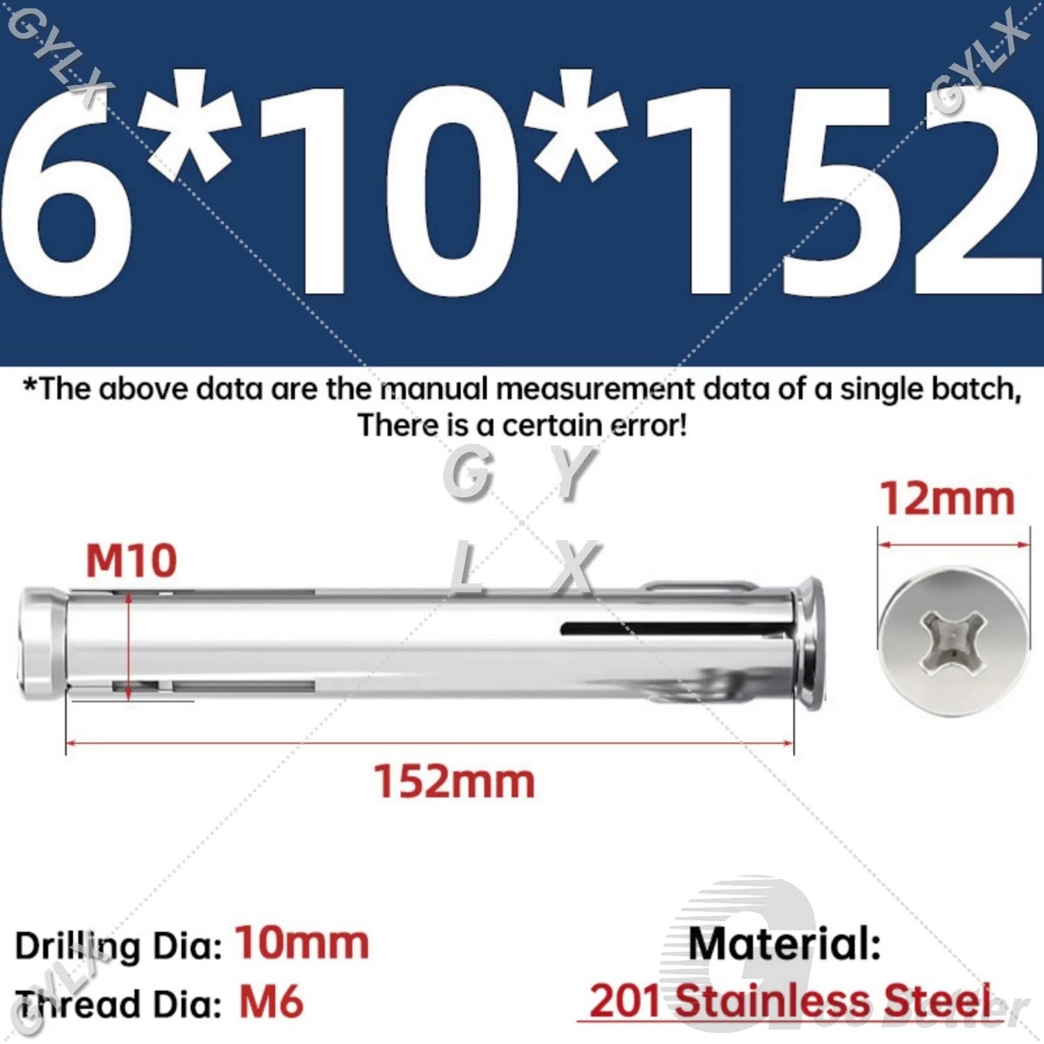 M6 Countersunk Sleeve Anchor Expansion Bolts — 304 / 201 Stainless Steel, Cross Drive