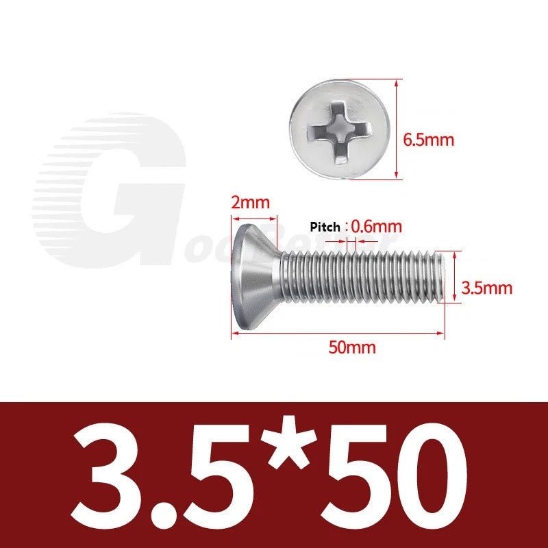 M1–M3.5 Phillips Countersunk Machine Screws – 304 Stainless Steel, Fully Threaded (3–120mm Overall Length) - HomeDIYer