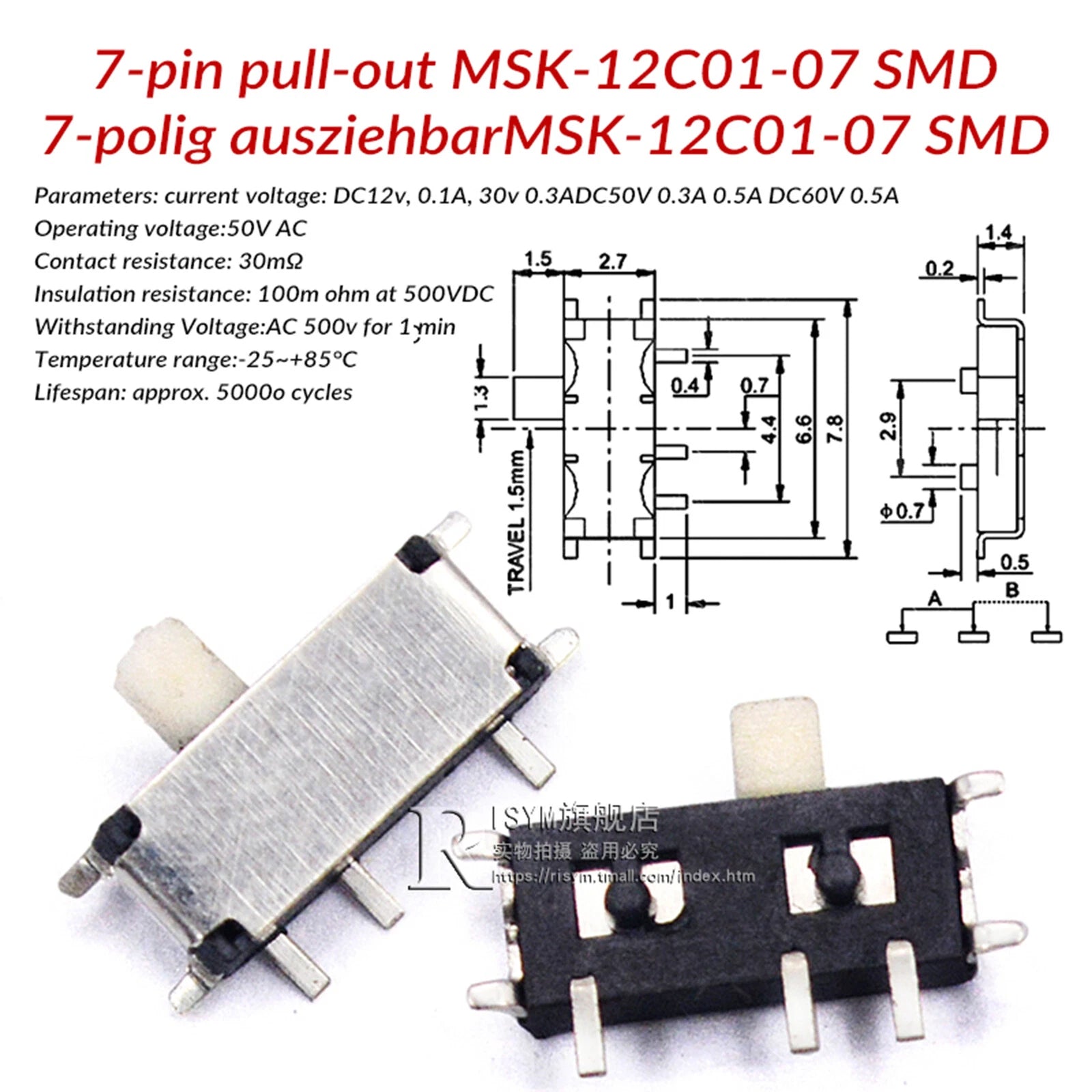 Mini Slide Switch PCB Mount — SS / SK / MSS / MSK Series, 3–8 Pin, 2mm–6mm Handle, Single & Double Row