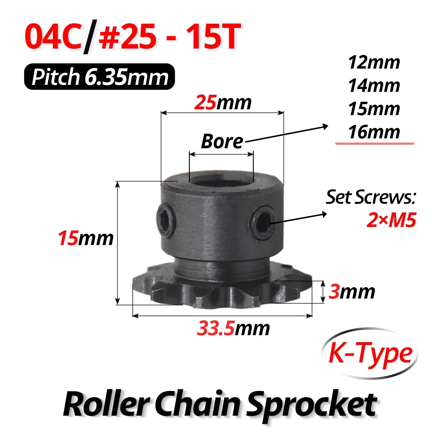 #25 Roller Chain Sprocket 04C 9T-40T Tooth Bore 5mm-20mm Pitch 6.35mm (1/4 inch)