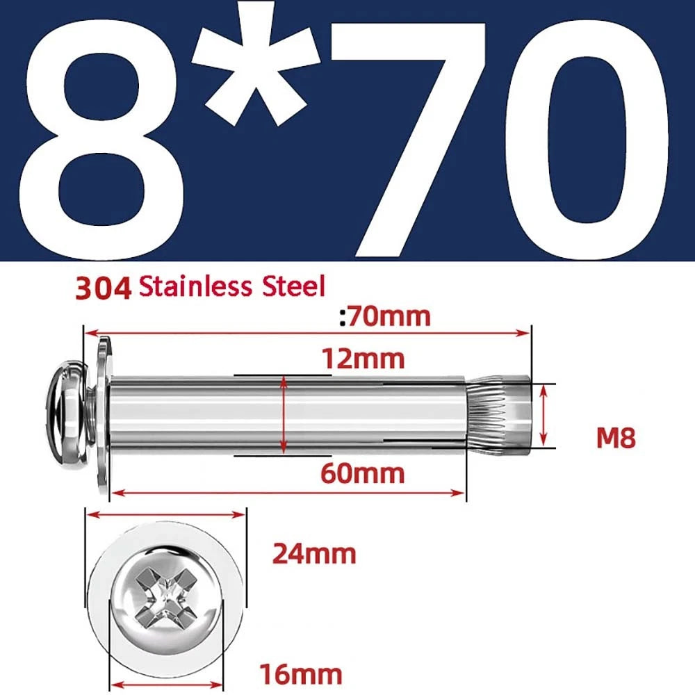 M6 M8 M10 Stainless Steel Expansion Screws — Round Head Phillips Drive, 40–100mm