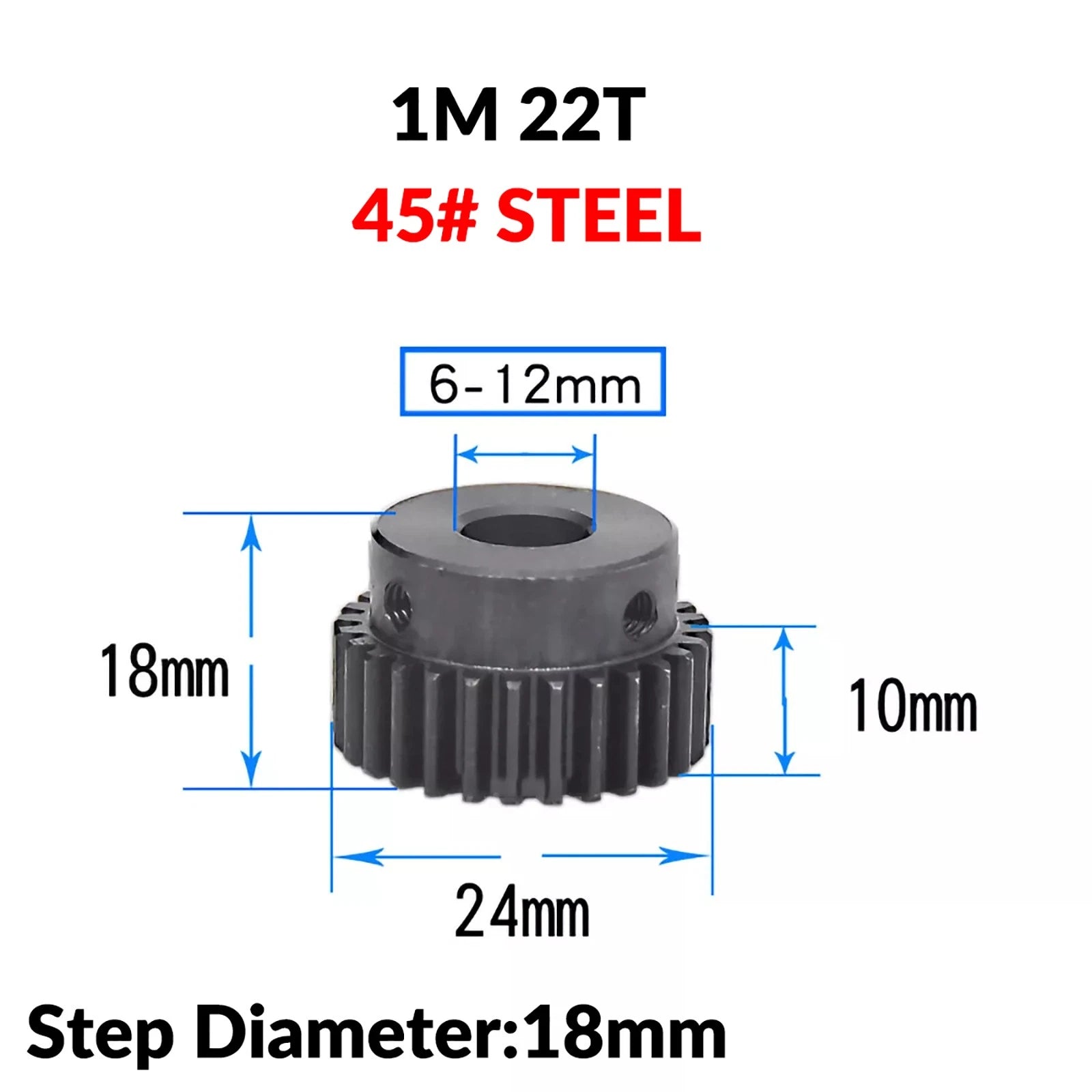 Mod 1 45# Steel Pinion Gear Spur Gears 10-60 T 14-50mm Bore With Step Motor Gear