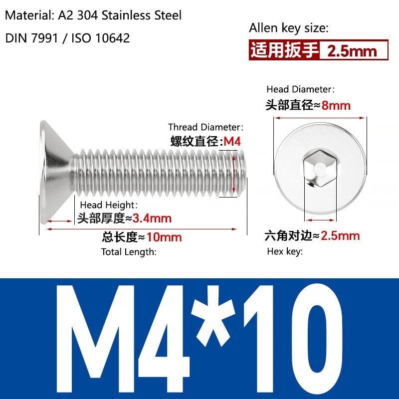 A2 Stainless Steel Socket Countersunk Screws – ISO 10642, M3 M4 M5