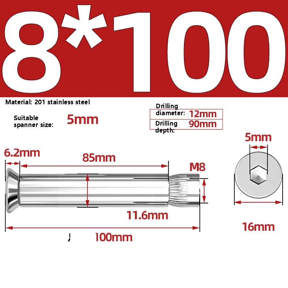 M6–M12 Countersunk Expansion Bolts | 201 Stainless Steel Hex Socket Sleeve Anchors