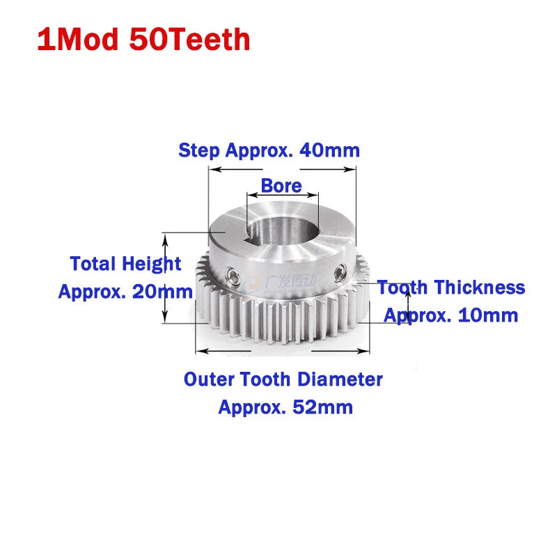 1 Module Stainless Steel Spur Gears 20-50 Teeth Pinion Motor Gear Keyway Hole