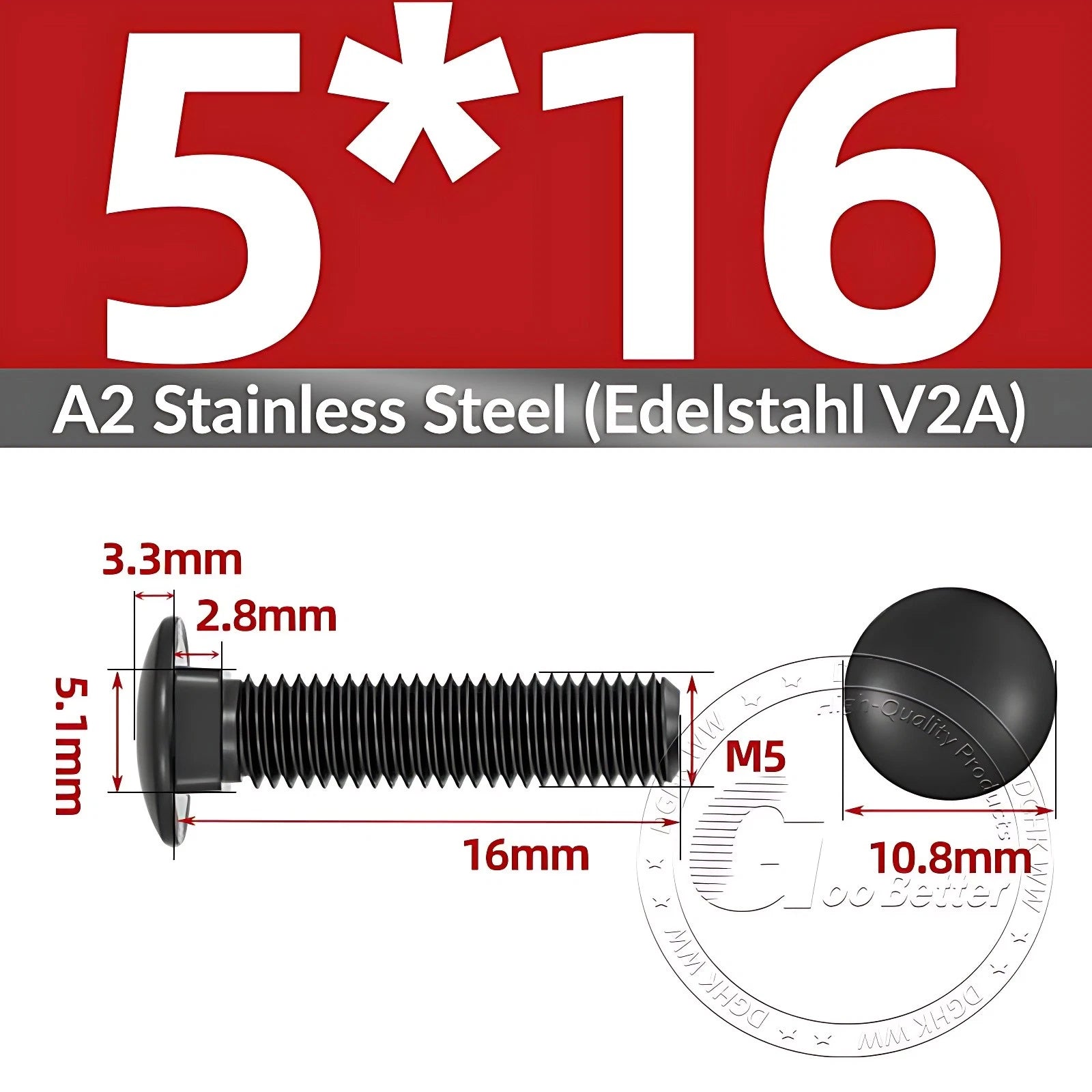 Black Stainless Steel Carriage Bolts M3–M12 | A2 Cup Square Dome Screws