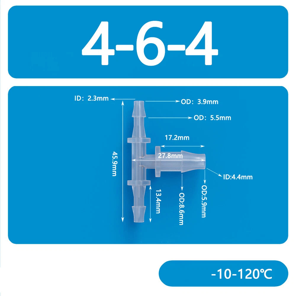 Plastic T-Type Barb Reducing Hose Fitting | 3-Way Tube Connector 1.6mm–14mm