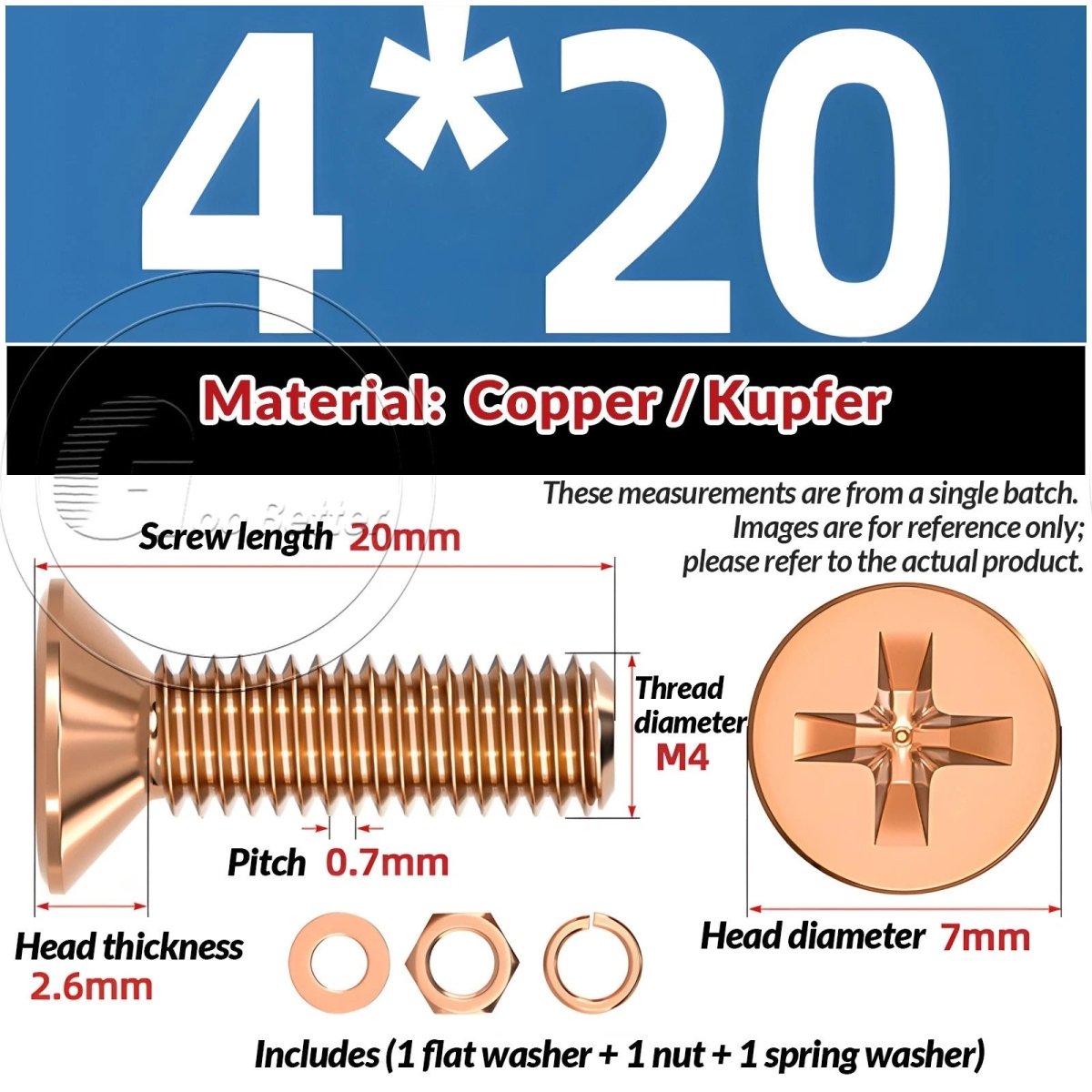 T2 Copper Pozi Countersunk Machine Screws with Flat Washer & Nut | M3–M10 - HomeDIYer