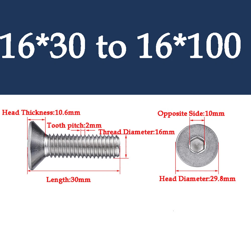 M1.6-M16 A2 Stainless Steel Hex Socket Countersunk Flat Head Screws | 10 PCS