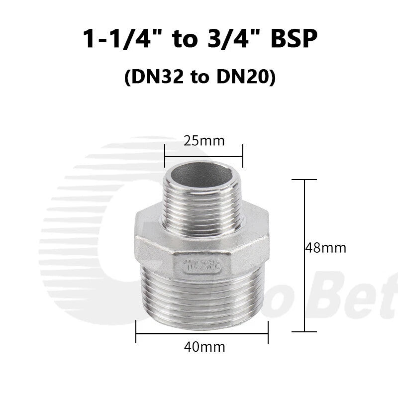 304 Stainless Steel Reducing Hex Nipple BSP Male Thread Pipe Fitting | 1/8" to 2"