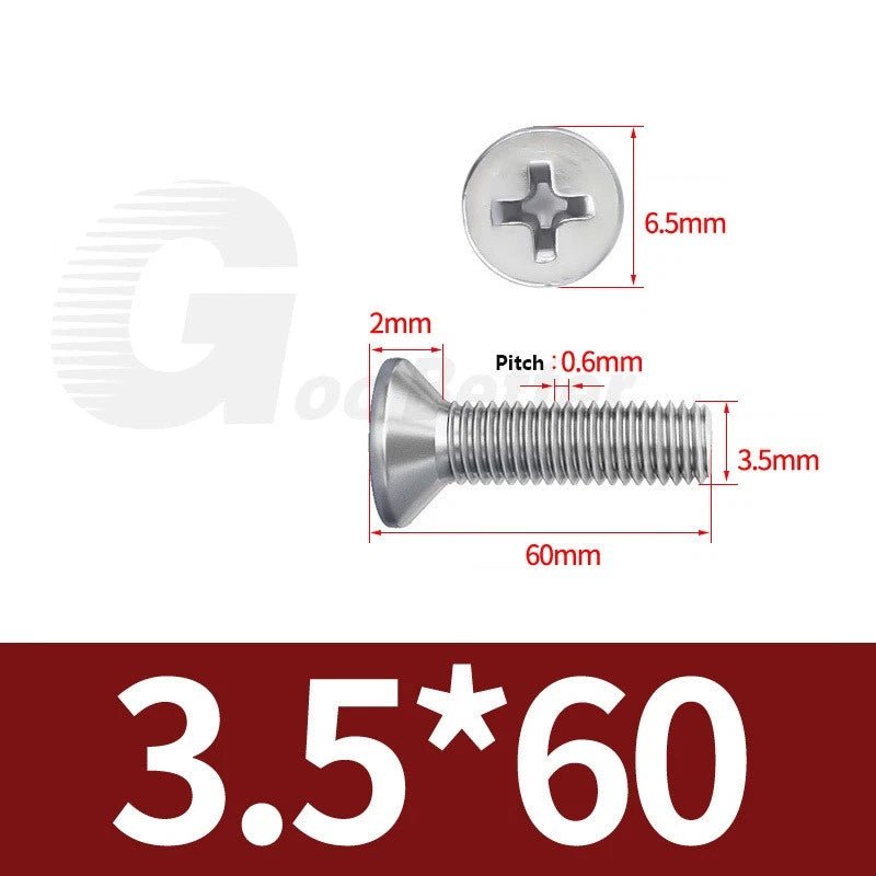 M1–M3.5 Phillips Countersunk Machine Screws – 304 Stainless Steel, Fully Threaded (3–120mm Overall Length) - HomeDIYer