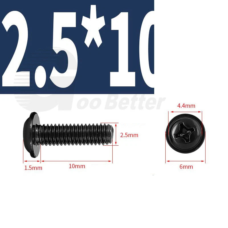 Black Zinc Flange Phillips Pan Head Machine Screws M1.4 M2 M2.5 M3 M4 M5 M6 — Washer-Free Metric Bolts