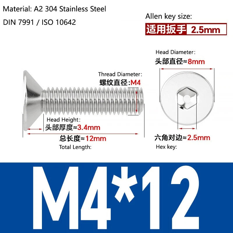 A2 Stainless Steel Socket Countersunk Screws – ISO 10642, M3 M4 M5