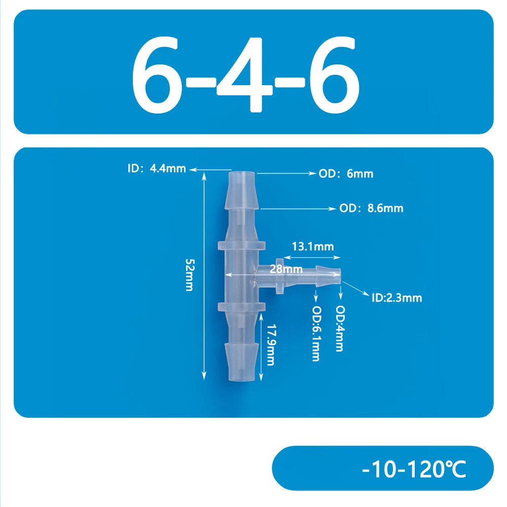 Plastic T-Type Barb Reducing Hose Fitting | 3-Way Tube Connector 1.6mm–14mm
