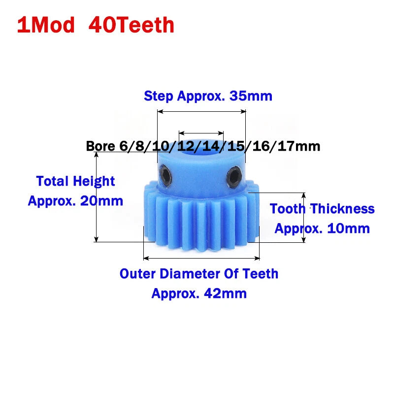 1 Mod Blue Nylon Spur Gear 16-50T Bore 4-20mm Pinion Gear Motor Gear With Step