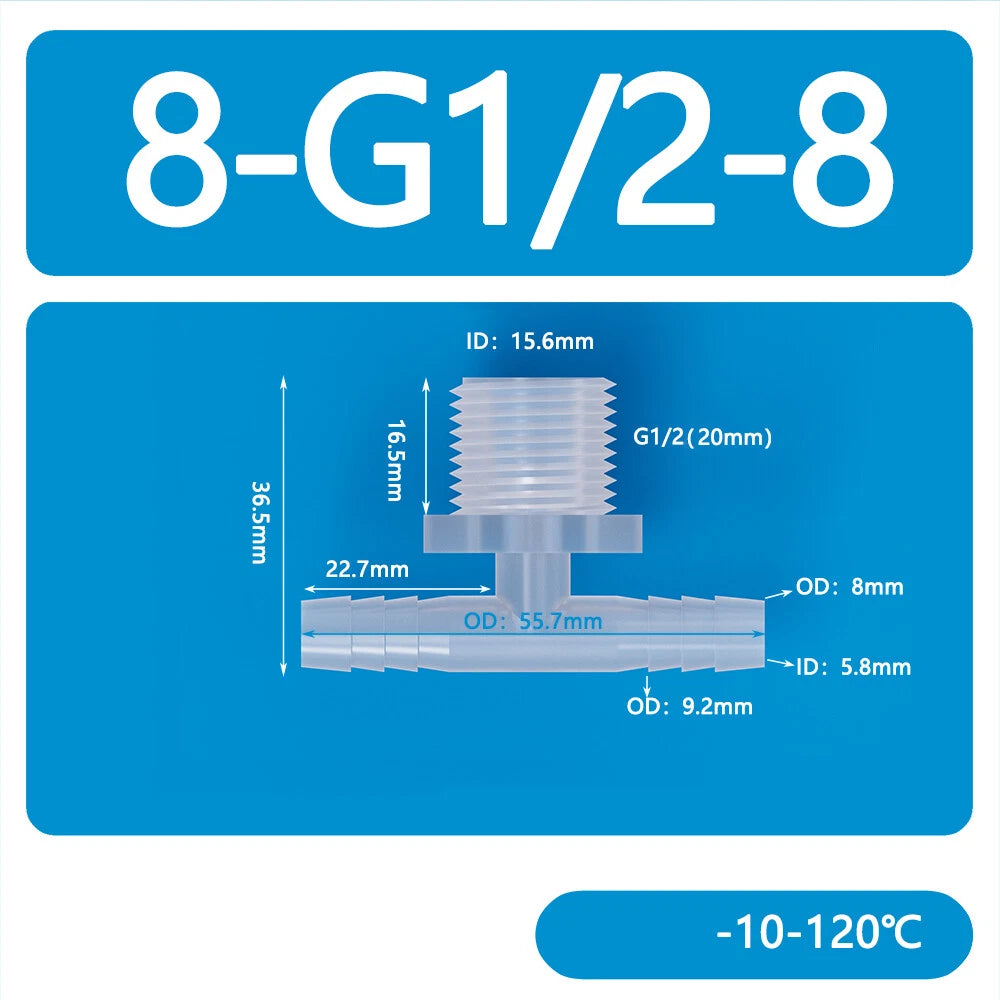 Plastic Male Thread 3-Way Hose Barb Connector — BSP & Metric, Equal Diameter