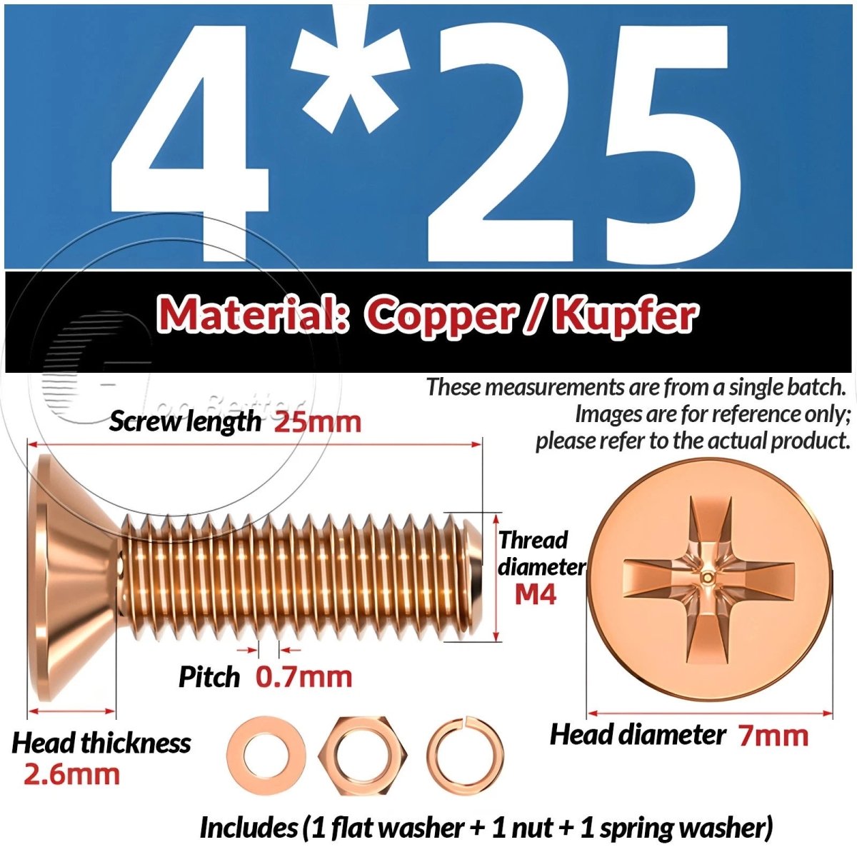 T2 Copper Pozi Countersunk Machine Screws with Flat Washer & Nut | M3–M10 - HomeDIYer