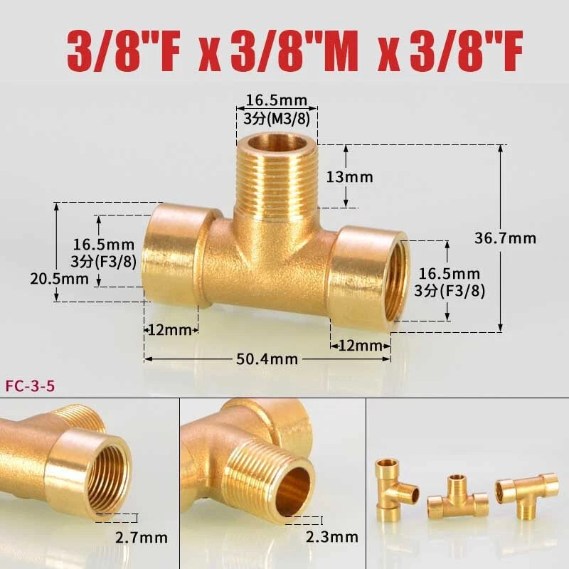 Brass BSP Tee Fitting 1/8" 1/4" 3/8" — Male Female Thread Pipe Connector
