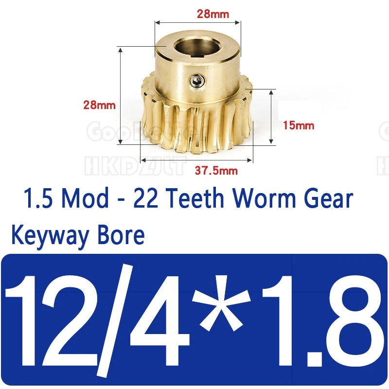 Mod 1.5 Worm Gear Wheel Brass 22 Tooth Worm Shaft Steel C45 Bore 8 mm - 15 mm