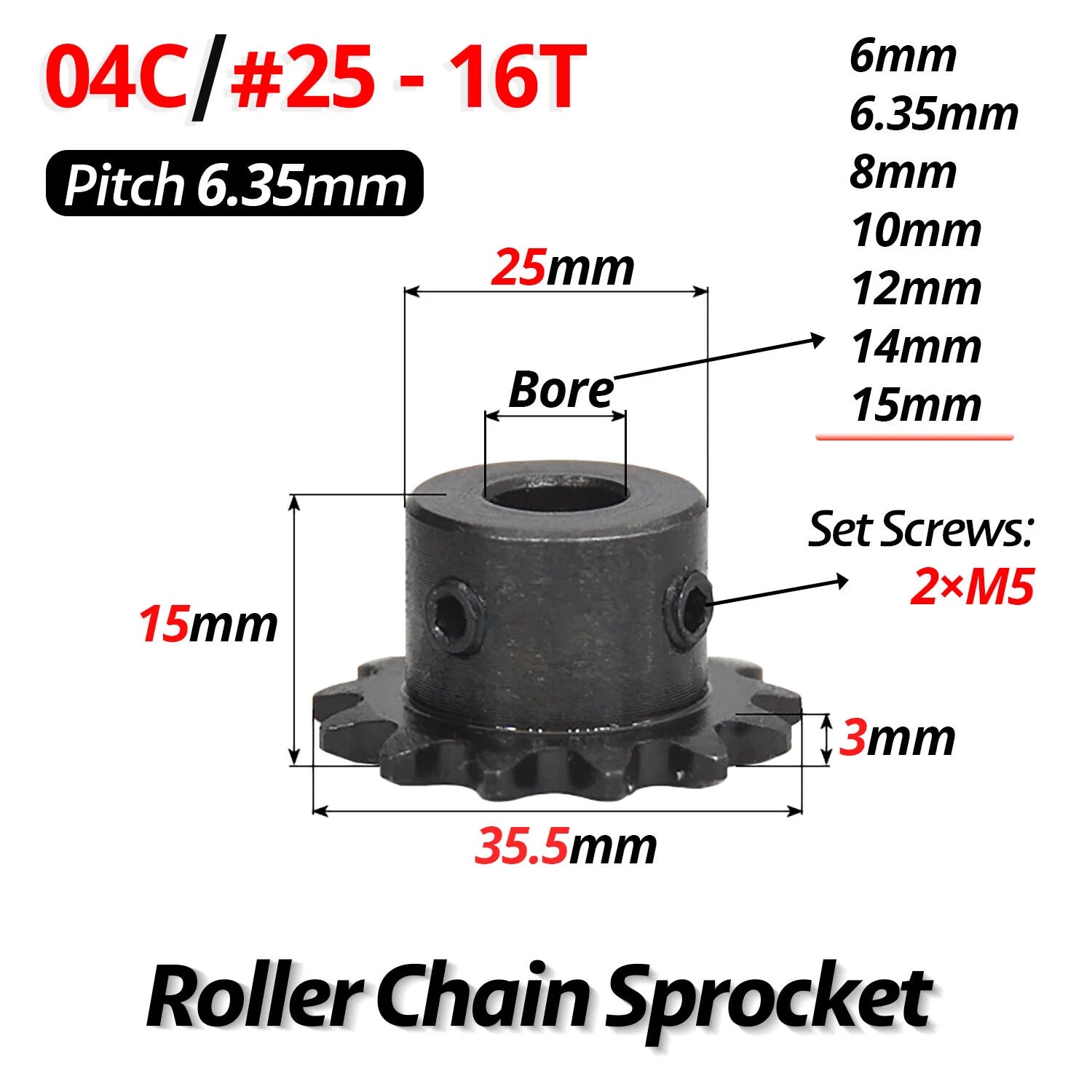 #25 Roller Chain Sprocket 04C 9T-40T Tooth Bore 5mm-20mm Pitch 6.35mm (1/4 inch)