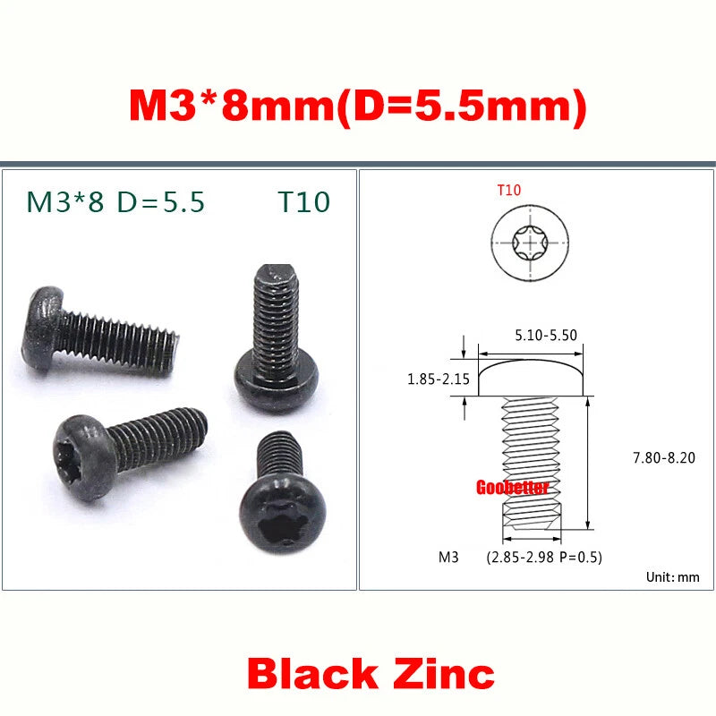 PM1.2–M5 Torx Pan Head Machine Screws – Carbon / 304 Stainless Steel, Micro Plum Round Head Bolts