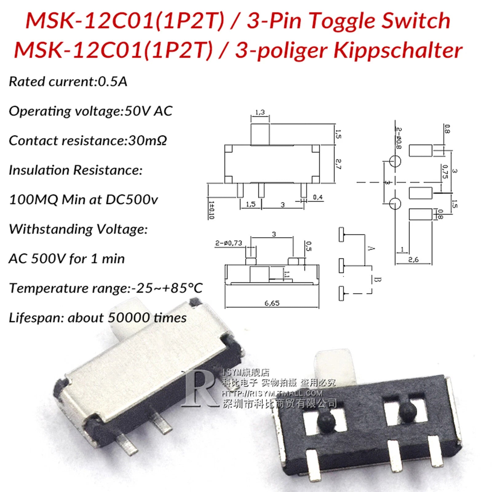 Mini Slide Switch PCB Mount — SS / SK / MSS / MSK Series, 3–8 Pin, 2mm–6mm Handle, Single & Double Row