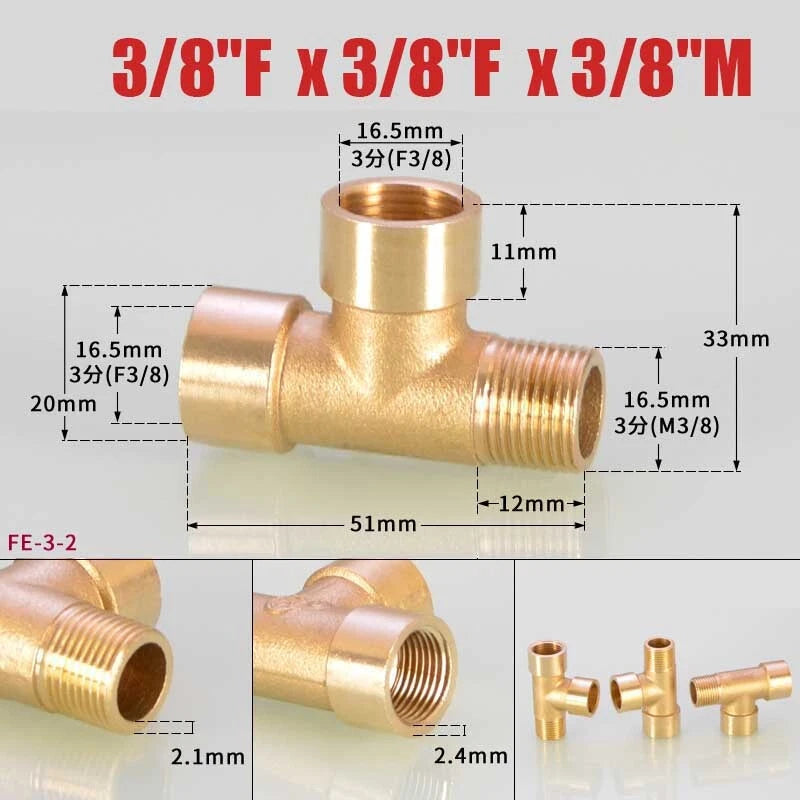 Brass BSP Tee Fitting 1/8" 1/4" 3/8" — Male Female Thread Pipe Connector
