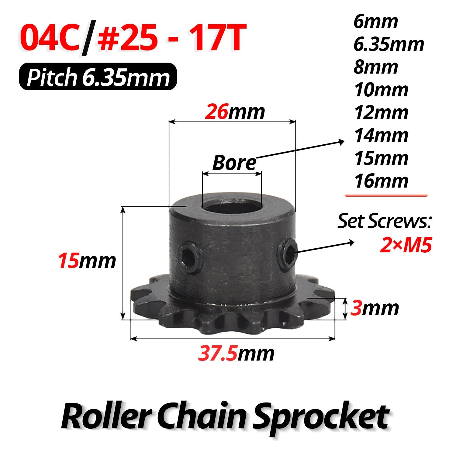 #25 Roller Chain Sprocket 04C 9T-40T Tooth Bore 5mm-20mm Pitch 6.35mm (1/4 inch)