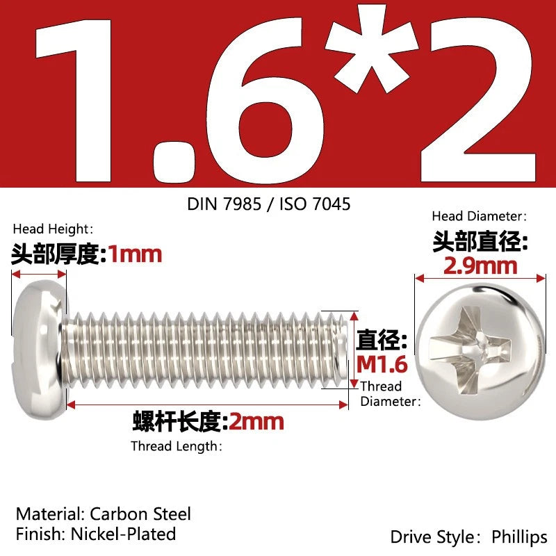 Nickel Plated Pan Head Phillips Machine Screws – ISO 7045, M1 to M4, Corrosion Resistant