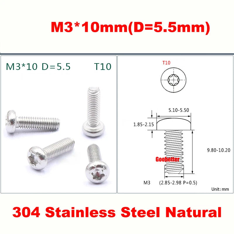 PM1.2–M5 Torx Pan Head Machine Screws – Carbon / 304 Stainless Steel, Micro Plum Round Head Bolts