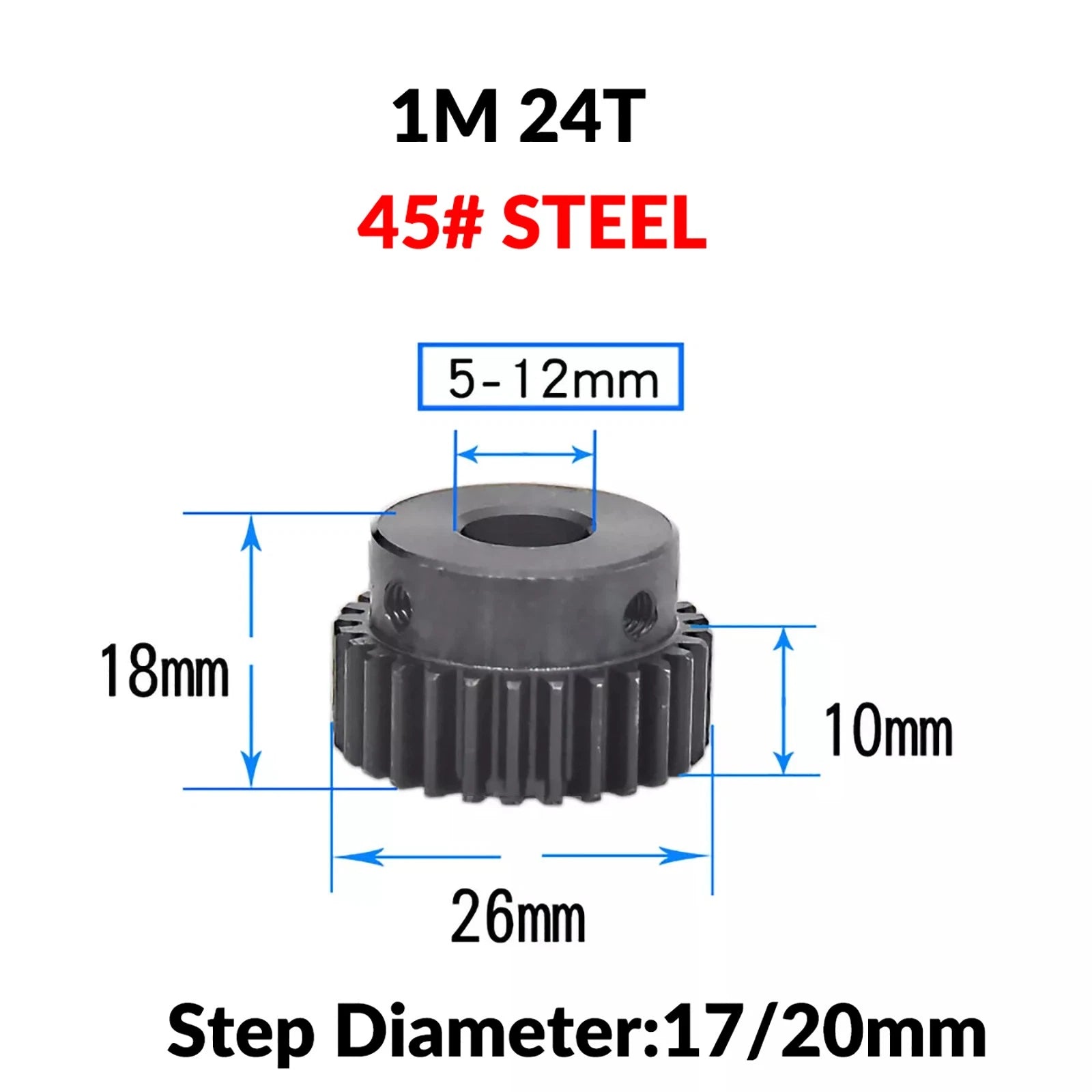 Mod 1 45# Steel Pinion Gear Spur Gears 10-60 T 14-50mm Bore With Step Motor Gear