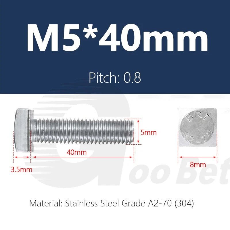 M5 T - Bolt Square Head Screws — Stainless Steel 304 (A2) for T - Slot Aluminum Extrusion Profiles - HomeDIYer