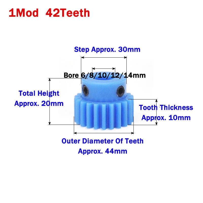 1 Mod Blue Nylon Spur Gear 16-50T Bore 4-20mm Pinion Gear Motor Gear With Step
